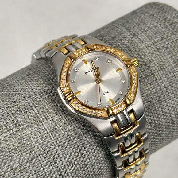 Pulsar Watch Womens 25mm Two Tone Pave Bezel Dial 6" Quartz New Battery - Picture 1 of 11